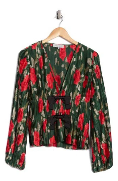 Wayf Bow Plissé Top In Green