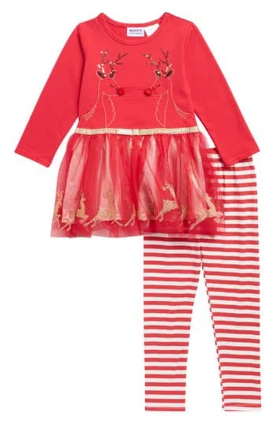 Blueberry Kids' Holiday Long Sleeve Skirted Top & Leggings Set In Red
