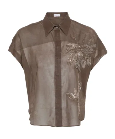 Brunello Cucinelli Motif-embroidered Semi-sheer Shirt In Brown