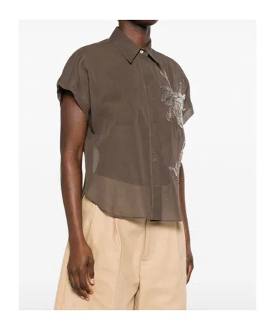 Brunello Cucinelli Motif-embroidered Semi-sheer Shirt In Brown