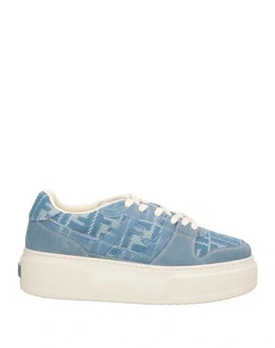 Fendi Woman Sneakers Blue Size 10 Leather, Textile Fibers In Blue