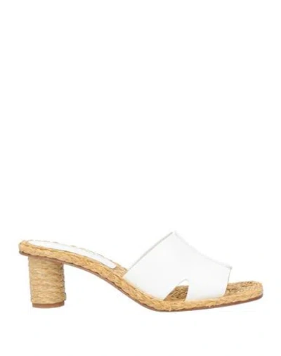 Paloma Barceló Woman Sandals White Size 7 Leather, Natural Raffia In White