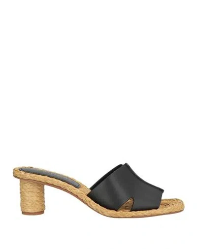 Paloma Barceló Woman Sandals Black Size 7 Leather, Natural Raffia In Black