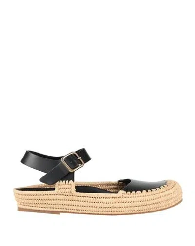 Paloma Barceló Woman Ballet Flats Black Size 8 Cow Leather, Natural Raffia In Black