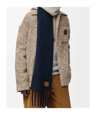 Loewe Logo Patch Fringed Scarf In Blue