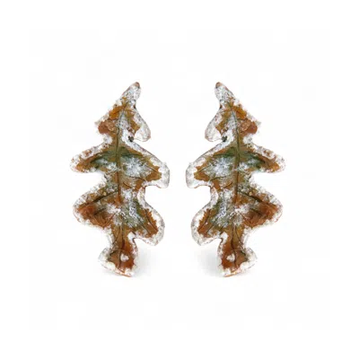 Sunset Magic Studio Women's Frosted - Snow Detailed Oak Leaf Earring In White