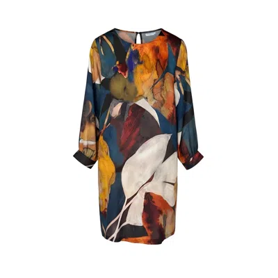 Haris Cotton Women's Orange / Blue Printed Satin Midi Dress With Abstract Pattern Orange Nature In Multi