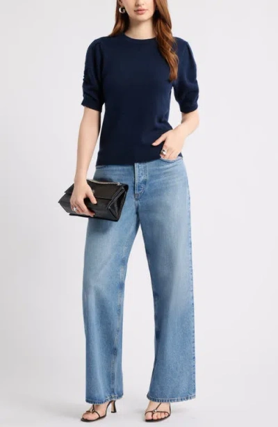 Nordstrom Ruched Short Sleeve Cashmere Sweater In Blue