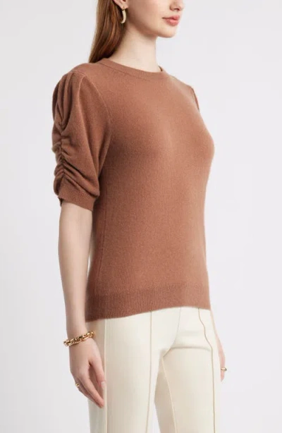 Nordstrom Ruched Short Sleeve Cashmere Sweater In Brown