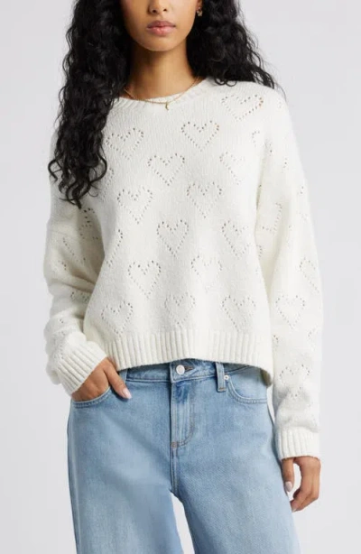 Bp. Pointelle Heart Cotton Blend Sweater In White
