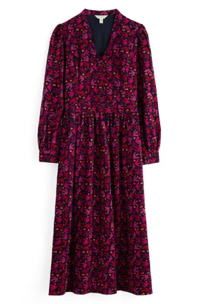 Seasalt Cornwall Rose Cottage Bird Print Long Sleeve Cotton Corduroy Midi Dress In Multi