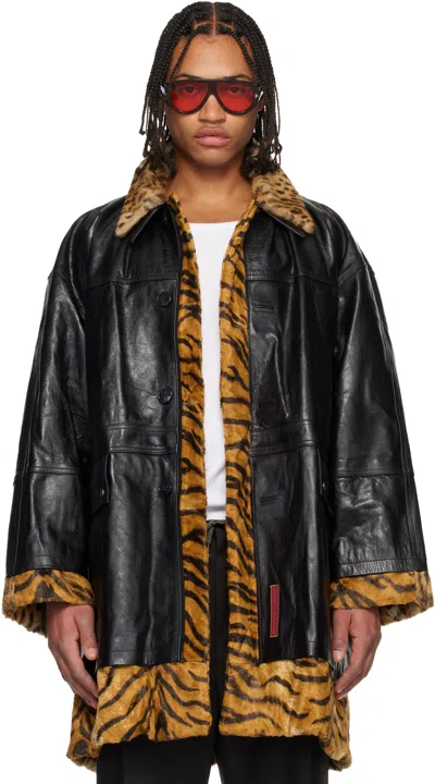 Martine Rose Black & Tan Leopard Reversible Leather Coat In Black