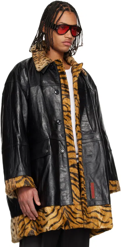 Martine Rose Black & Tan Leopard Reversible Leather Coat In Black