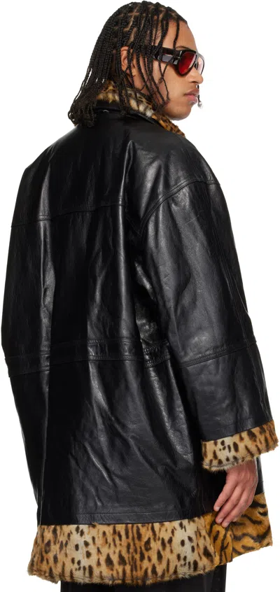 Martine Rose Black & Tan Leopard Reversible Leather Coat In Black