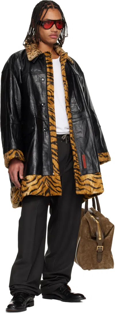 Martine Rose Black & Tan Leopard Reversible Leather Coat In Black