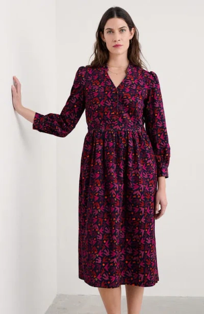 Seasalt Cornwall Rose Cottage Bird Print Long Sleeve Cotton Corduroy Midi Dress