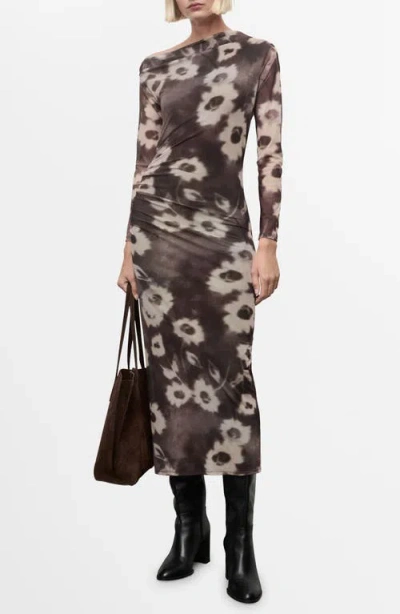 Mango Amaia One-shoulder Long Sleeve Body-con Midi Dress In Brown