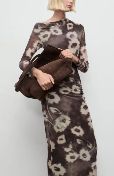 Mango Amaia One-shoulder Long Sleeve Body-con Midi Dress In Brown