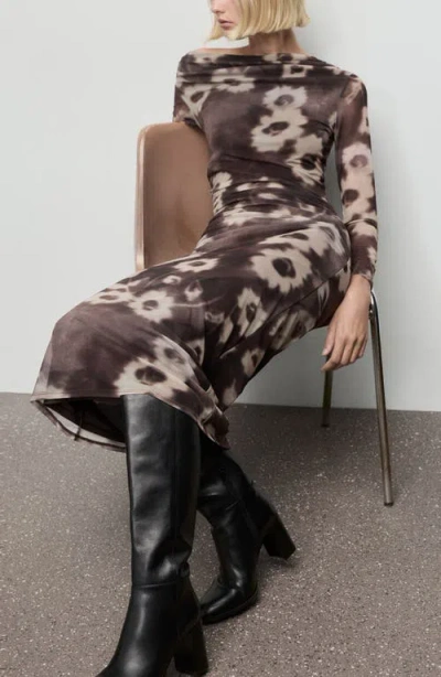 Mango Amaia One-shoulder Long Sleeve Body-con Midi Dress In Brown