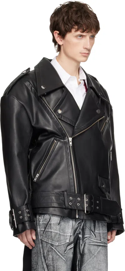 Vaquera Black Oversized Moto Leather Jacket In Black