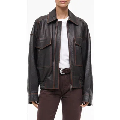 Staud Eugene Distressed Leather Jacket In Brown