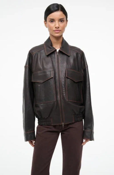 Staud Eugene Distressed Leather Jacket In Brown