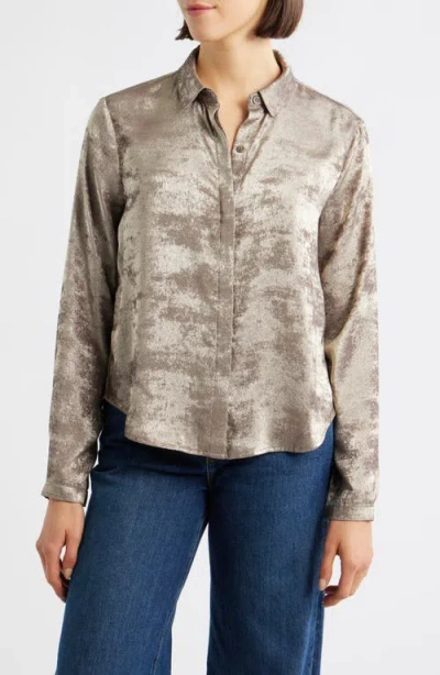 Cloth & Stone Hidden Placket Velvet Button-up Blouse In Brown