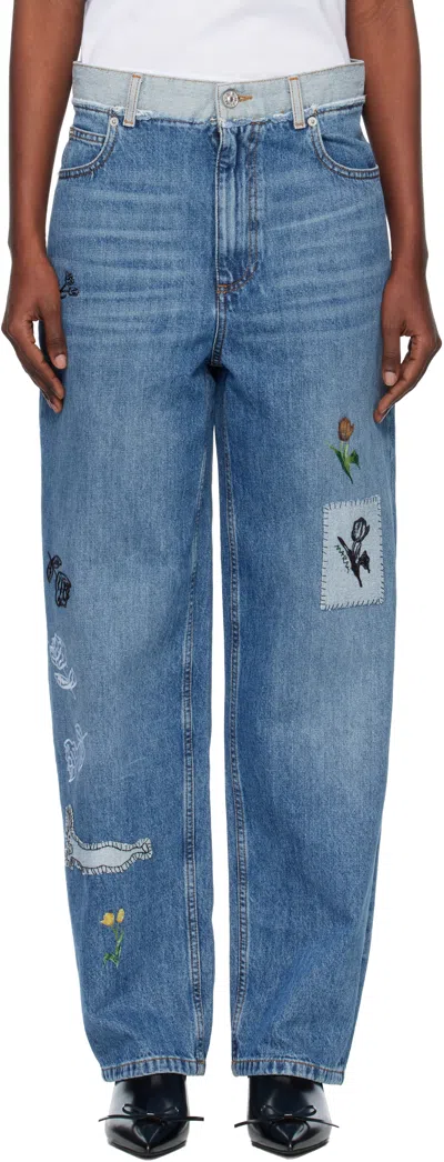 Marni 5 Pockets Denim Jeans With Embroidered Front In Animal Print