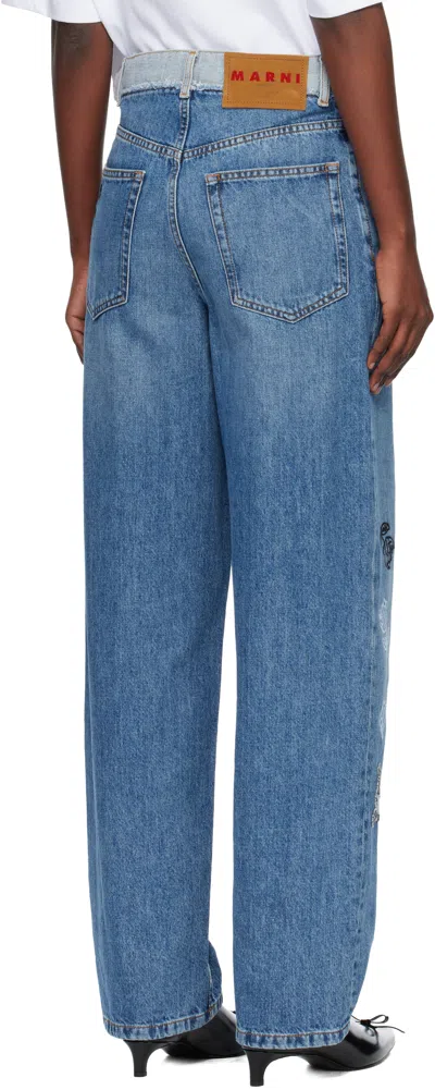 Marni 5 Pockets Denim Jeans With Embroidered Front In Animal Print