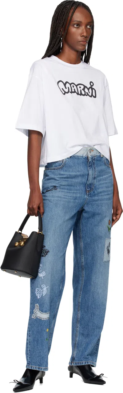 Marni 5 Pockets Denim Jeans With Embroidered Front In Animal Print