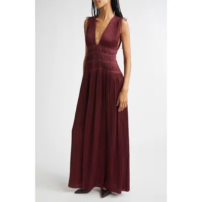 Ulla Johnson Tasneem Pleated Deep-v Satin Gown In Burgundy