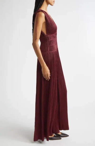 Ulla Johnson Tasneem Pleated Deep-v Satin Gown In Burgundy