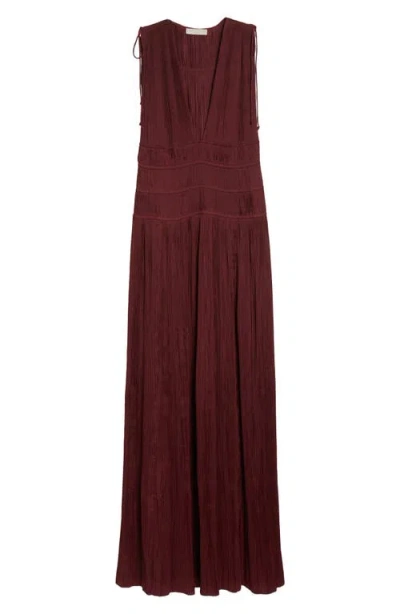 Ulla Johnson Tasneem Pleated Deep-v Satin Gown In Burgundy