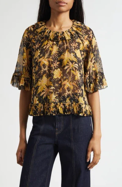 Ulla Johnson Helaine Botanical Print Metallic Flutter Sleeve Silk Blend Top In Yellow