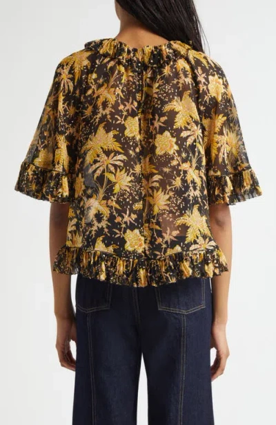 Ulla Johnson Helaine Botanical Print Metallic Flutter Sleeve Silk Blend Top In Yellow