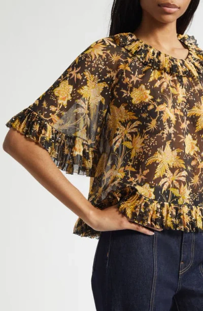 Ulla Johnson Helaine Botanical Print Metallic Flutter Sleeve Silk Blend Top In Yellow