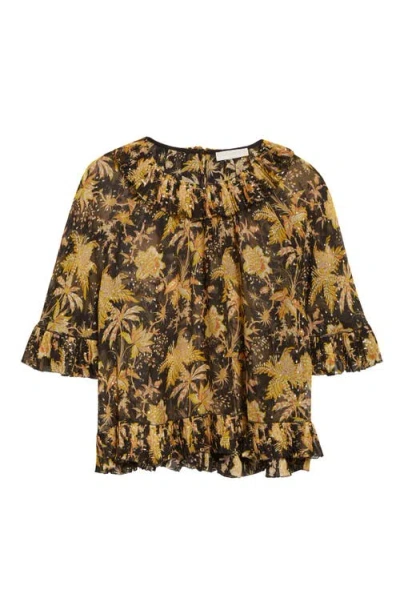 Ulla Johnson Helaine Botanical Print Metallic Flutter Sleeve Silk Blend Top In Yellow