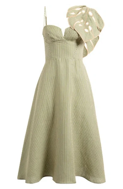 Farm Rio Stripe Monstera Leaf Sleeveless Linen Midi Dress In Green