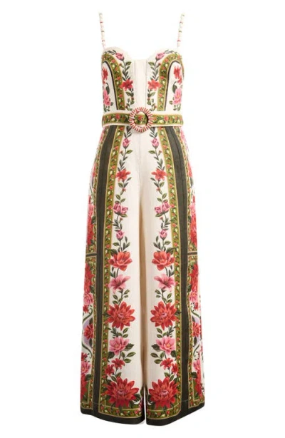 Farm Rio Wonder Rio Belted Embellished Printed Linen Jumpsuit In Multi