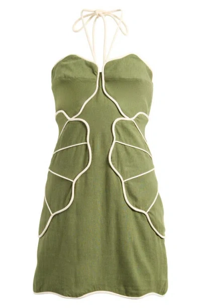 Farm Rio Green Wavy Halter Minidress In Green