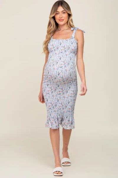 Pinkblush Floral Smocked Fitted Dress In Blue