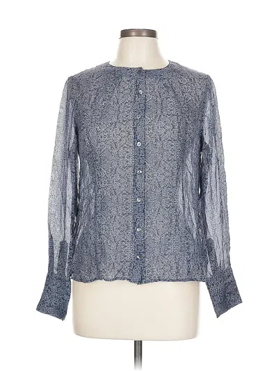 Pre-owned Brooks Brothers Long Sleeve Silk Top Blue Tweed Pattern Mock Neckline Tops
