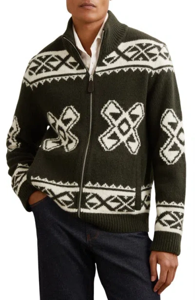 Reiss Forest Green Wool-blend Fair Isle Zip Jumper In Gray