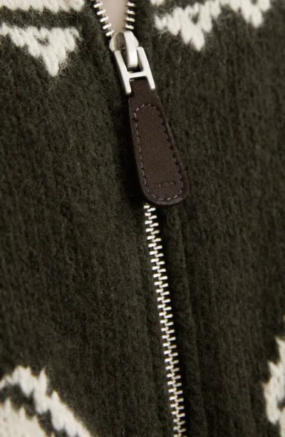 Reiss Forest Green Wool-blend Fair Isle Zip Jumper In Gray