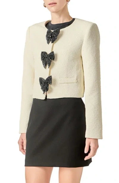 English Factory Sequin Bow Jacquard Crop Jacket In Neutral