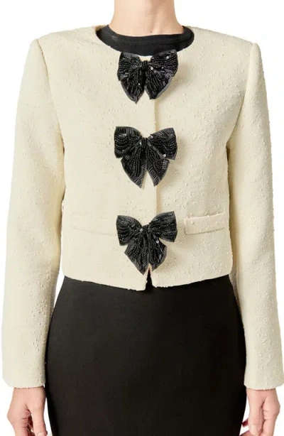 English Factory Sequin Bow Jacquard Crop Jacket In Neutral