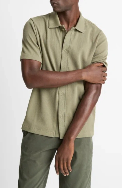 Vince Short Sleeve Jacquard Cotton Knit Button-up Shirt In Green