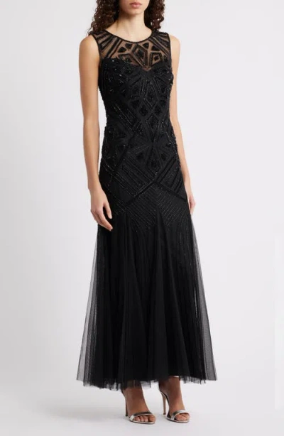 Pisarro Nights Geometric Beaded Sleeveless Gown In Black