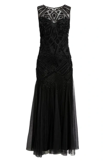 Pisarro Nights Geometric Beaded Sleeveless Gown In Black