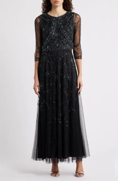 Pisarro Nights Beaded Mesh Gown With Jacket In Black
